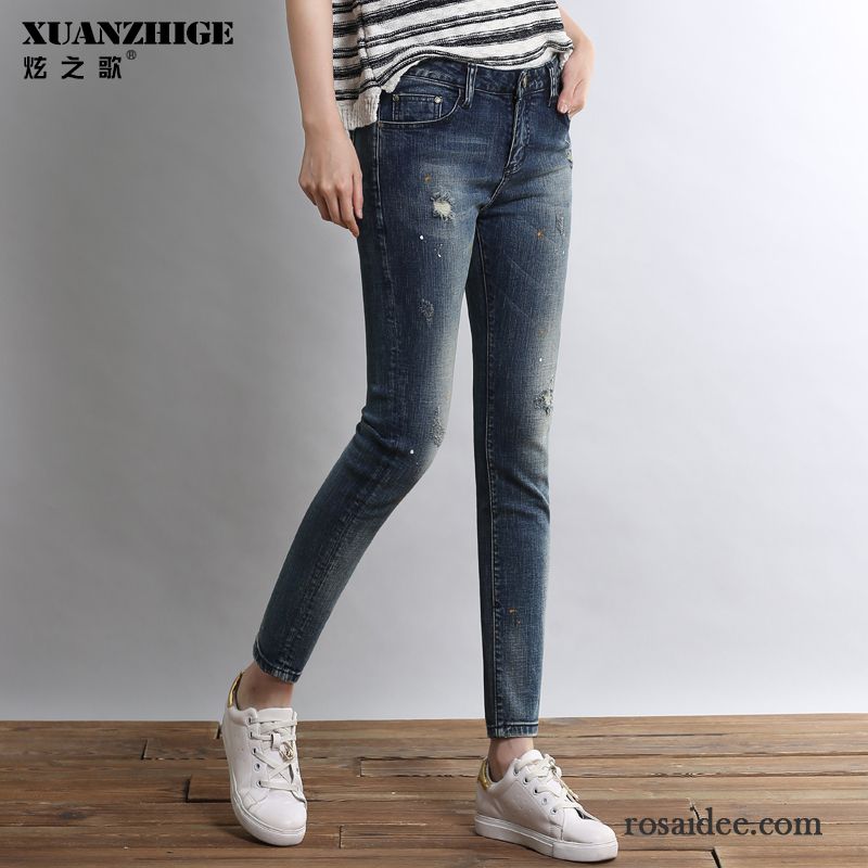 Damen Jeans Weiß Stretch Neunte Hose Löcher Jeans Elastisch Bleistift Hose Dünn Herbst Schlank Damen Rabatt