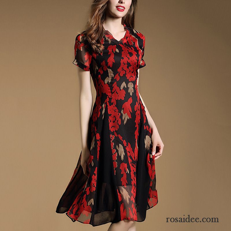 Damen Kleider Online Shop Rote Printkeid High-end Sommer V-ausschnitt Große Marke Mode Schwarz Damen Neu Kaufen