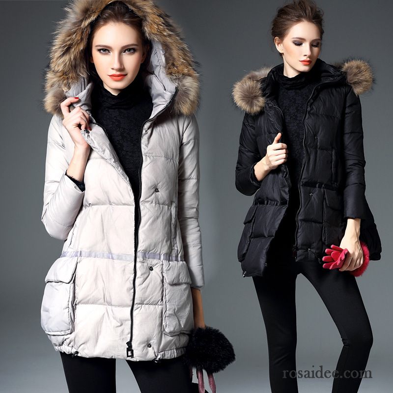 Daunenjacke Ultraleicht Luxuriös Schlank Großer Pelzkragen Winterkleidung Waschbär Überzieher Neu Daunenjacke Damen Langer Abschnitt Sale