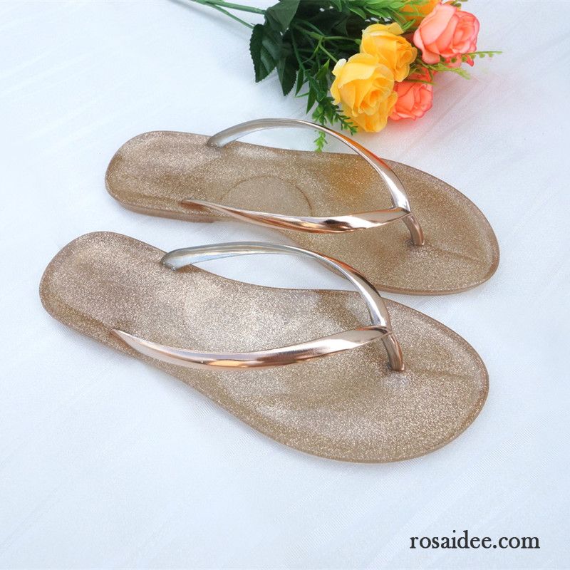 Flip Flops Damen Neue Hausschuhe Rutschsicher Mode Flache Sommer Sandfarben Gold