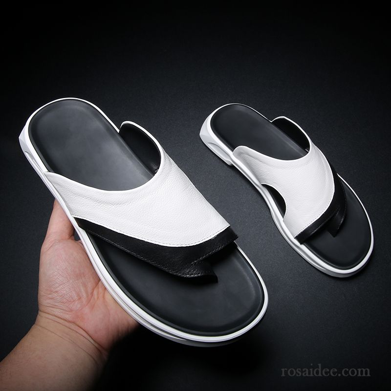 Flip Flops Herren Echtleder Sommer Weiche Sohle Hausschuhe Rutschsicher Trend Weiß