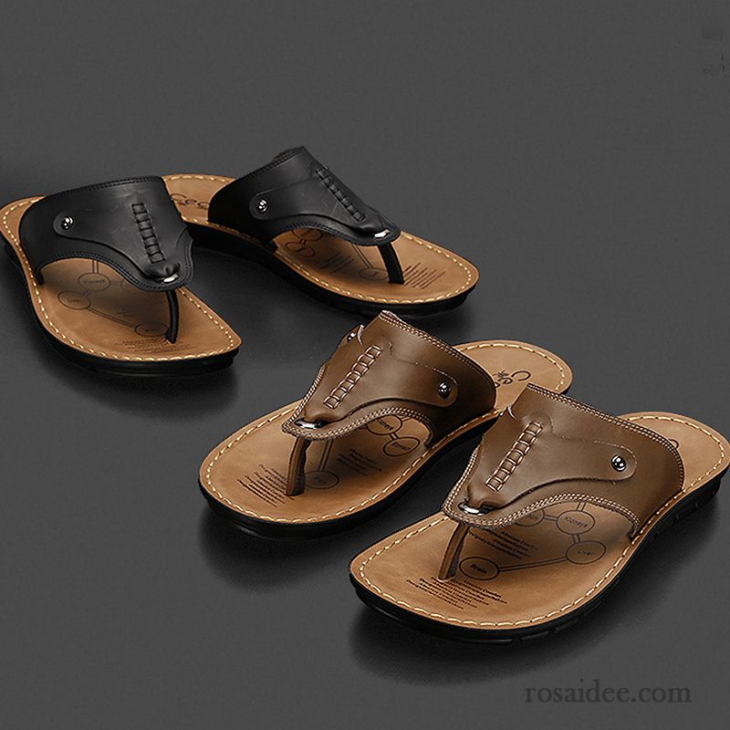 Flip Flops Herren Sommer Trend Hausschuhe Jugend Rutschsicher Echtleder Sandfarben Braun