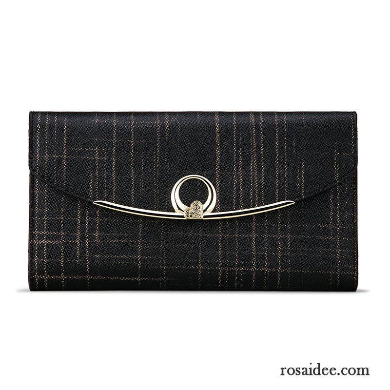 Geldbörse Damen Rindsleder Clutch Brieftasche Mode Langer Abschnitt Drei Falten Schwarz