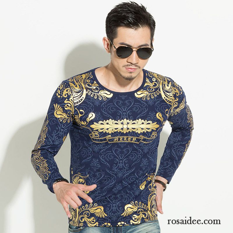 Grünes T Shirt Herren Lange Ärmel Unteres Hemd Drucken Herbst Trend Winter Herren Schlank Neu Golden Chinesischer Stil Günstig