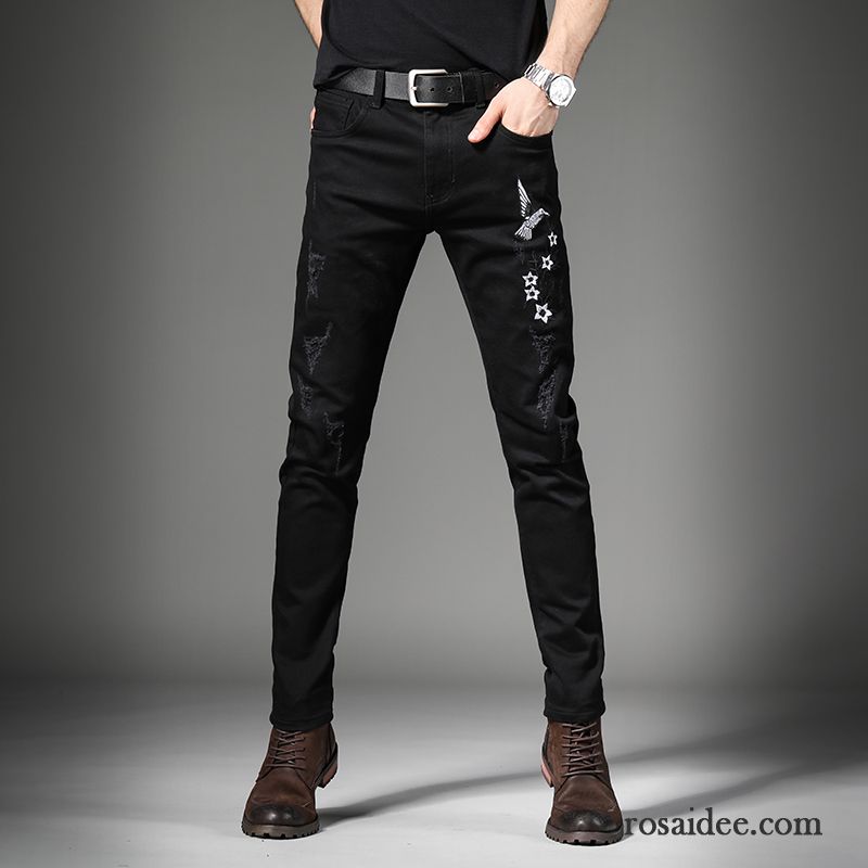 Günstige Jeans Hosen Herren Trend Herren Herbst Schlank Hose Jeans Bestickt Stickerei Dünn Mode Schwarz Lange Günstig