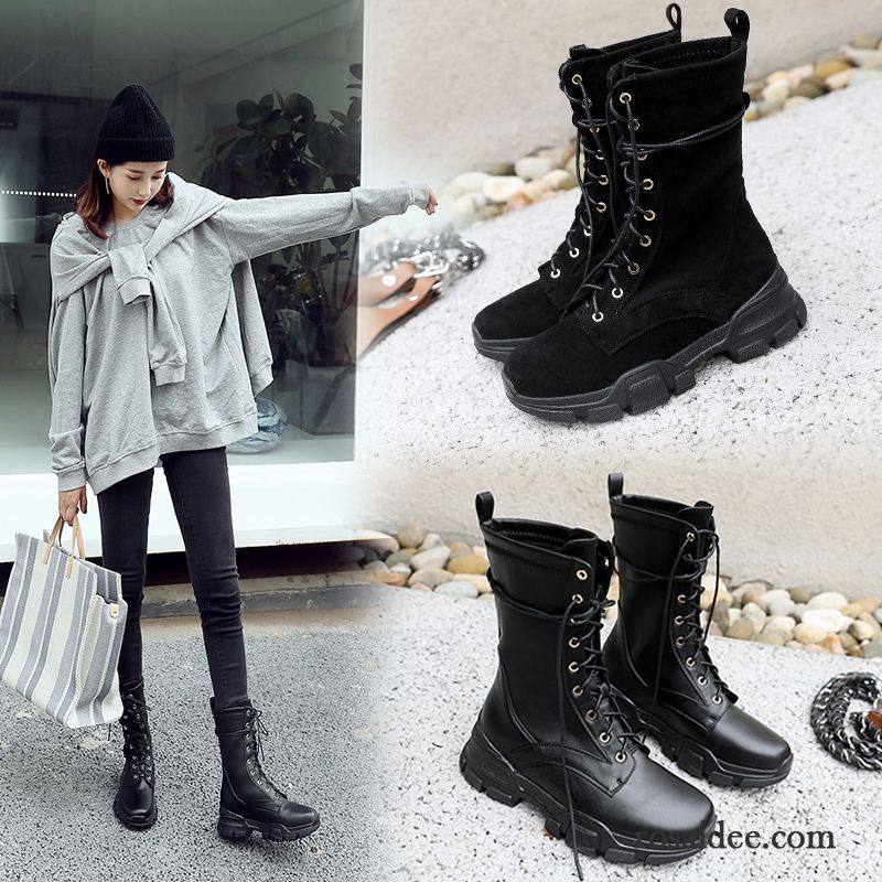 Günstige Schuhe Damen Herbst Damen Runde Zehe Schwarz Echtleder Dicke Sohle England Retro Martin Stiehlt Kurze Stiefel Schnürung Schüler Günstig