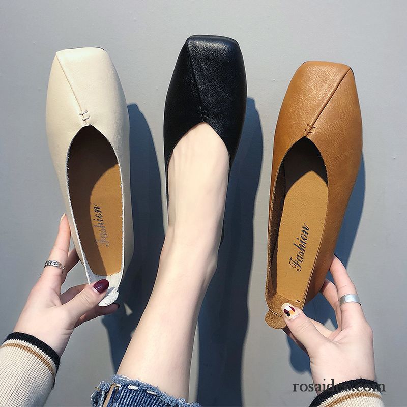 Halbschuhe Damen Vierkantkopf Feder Neue Mode Rutschsicher Flache Schwarz Hell