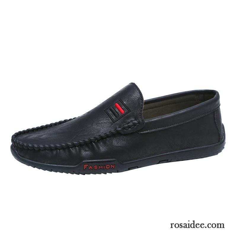 Halbschuhe Herren Atmungsaktiv Faul Slip-on Sommer Lederschue Trend Schwarz