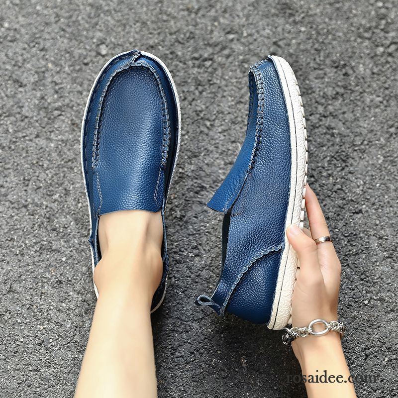 Halbschuhe Herren Leder Lederschue Trend England Atmungsaktiv Faul Blau