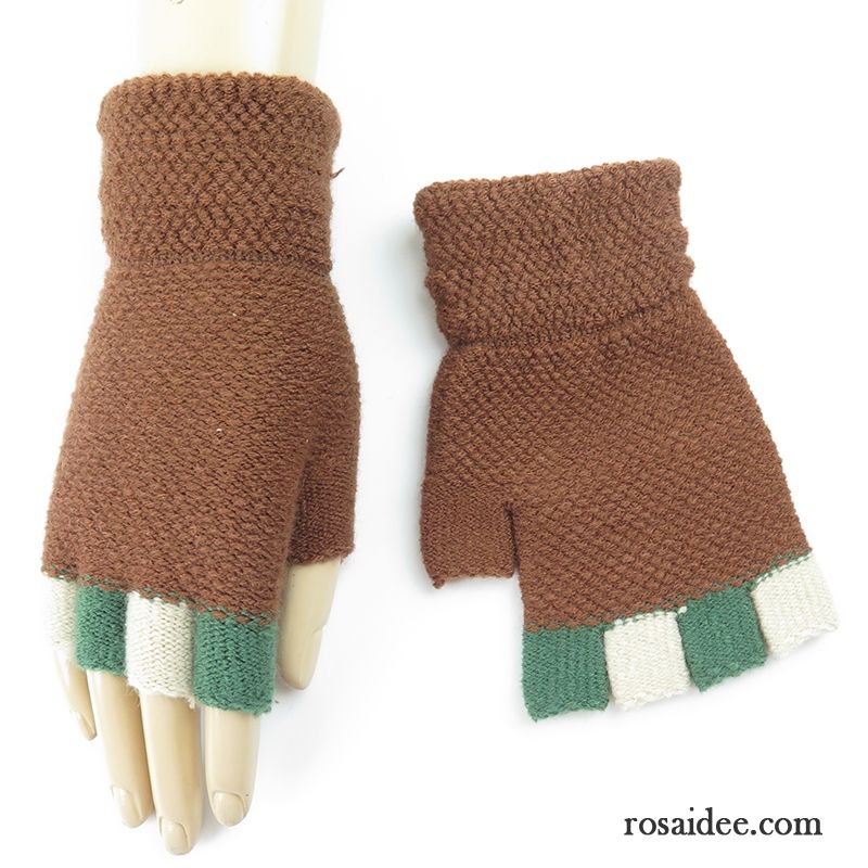 Handschuhe Damen Stricken Herbst Winter Halber Finger Dicke Warm Halten Braun