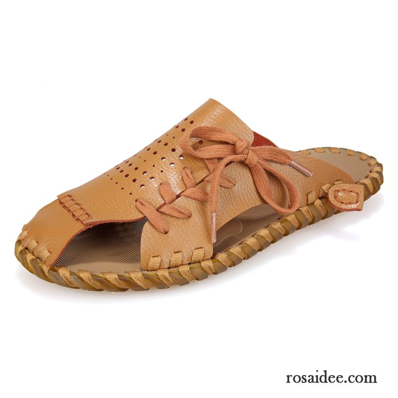 Hausschuhe Herren Sommer Schnürschuh Neue Schnürung Rutschsicher Pantolette Sandfarben Braun