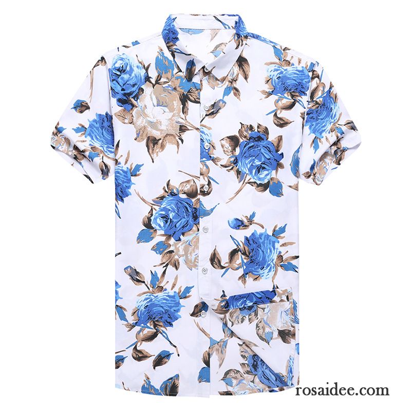 Hemden Herren Neu Chinesischer Stil Persönlichkeit Muster Halb Ärmel Trend Azurblau Rose