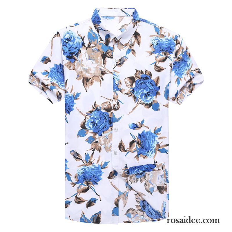 Hemden Herren Neu Chinesischer Stil Persönlichkeit Muster Halb Ärmel Trend Azurblau Rose