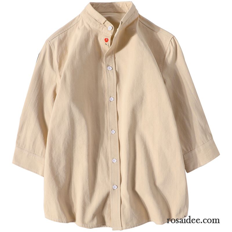Hemden Herren Schlank Allgleiches Hülse Trend Sommer Stehkragen Weiß Beige Gelb