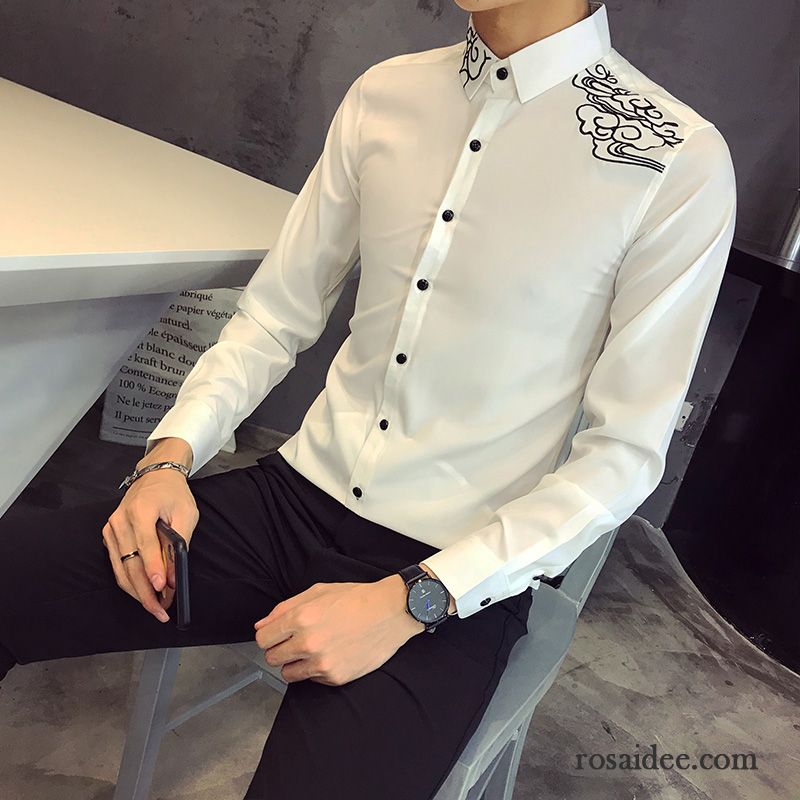 Hemden Herren Stickerei Chinesischer Stil Lange Ärmel Schlank Outwear Weiß