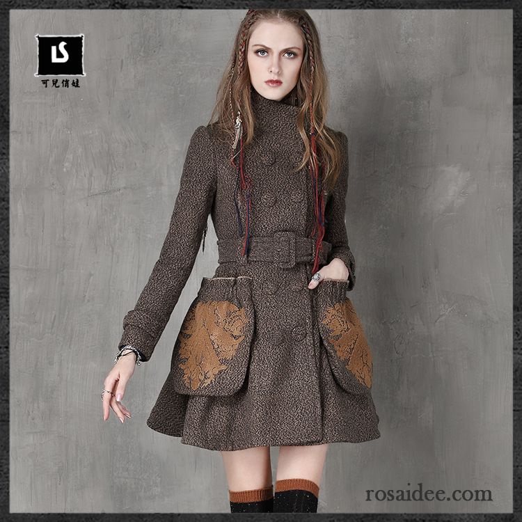 Herbst Winterjacken Damen Überzieher Gürtel Retro Neu Marke Schaltflächen Sortieren Winterkleidung Mäntel Wolle Stickerei Damen Günstig