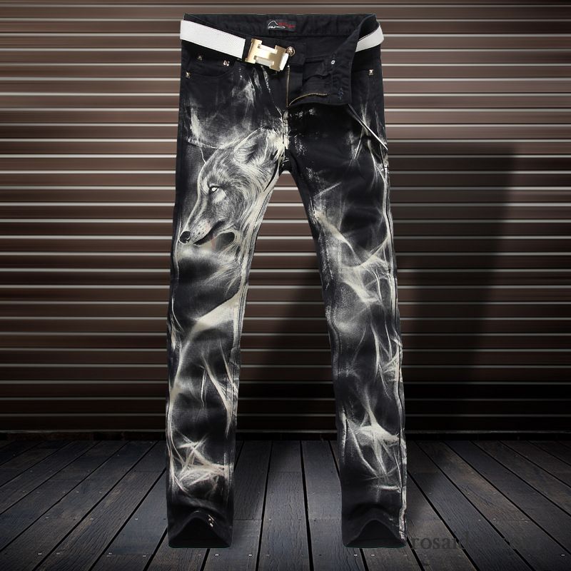 Herren Chino Hose Wolf Lange Blume Winter Drucken Schlank Gerade Herren Trend Jeans Herbst Billig