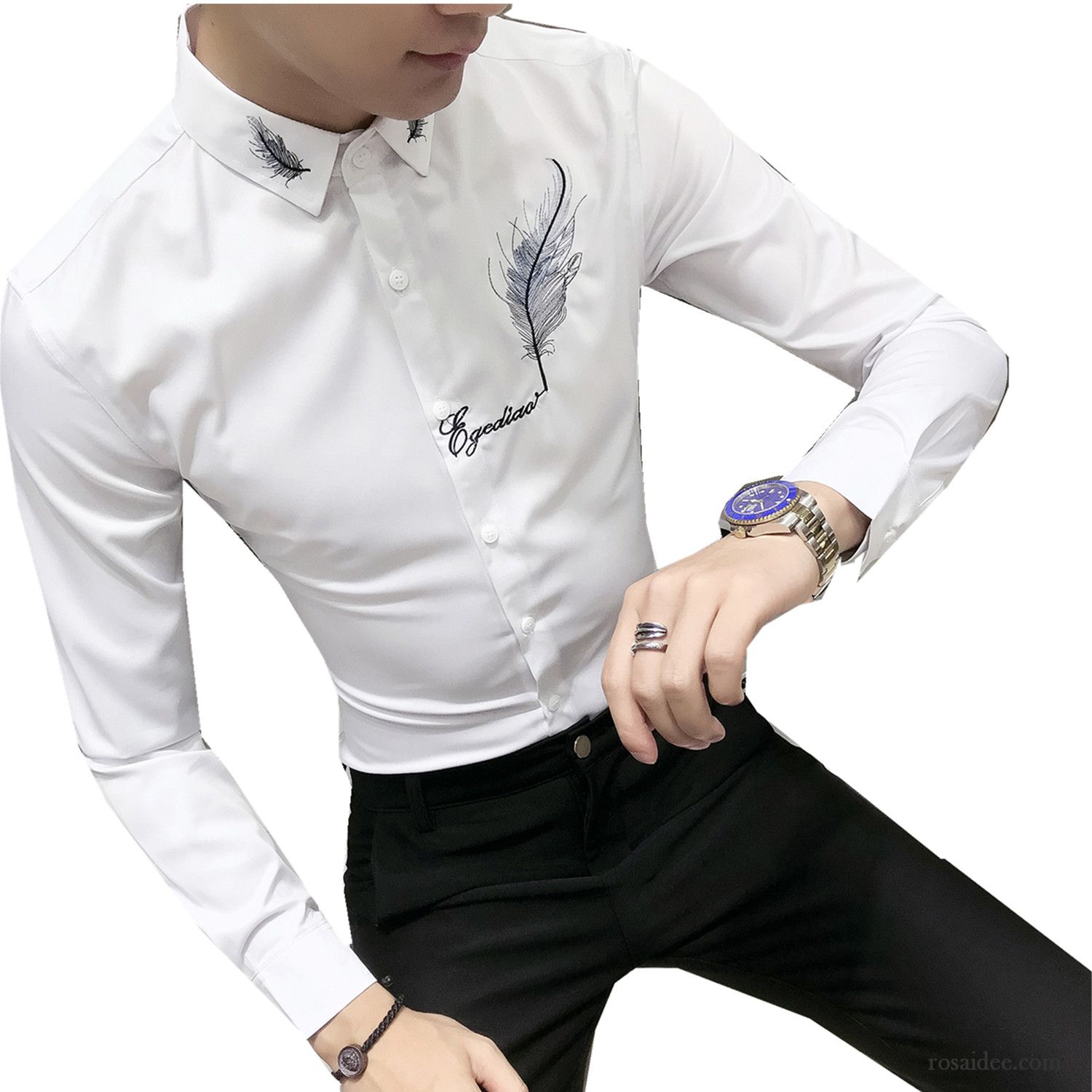 Herren Hemden Weiß Lang Herren Trend Weiß Hemden Freizeit Schlank Stickerei Herbst Lange Ärmel Kaufen
