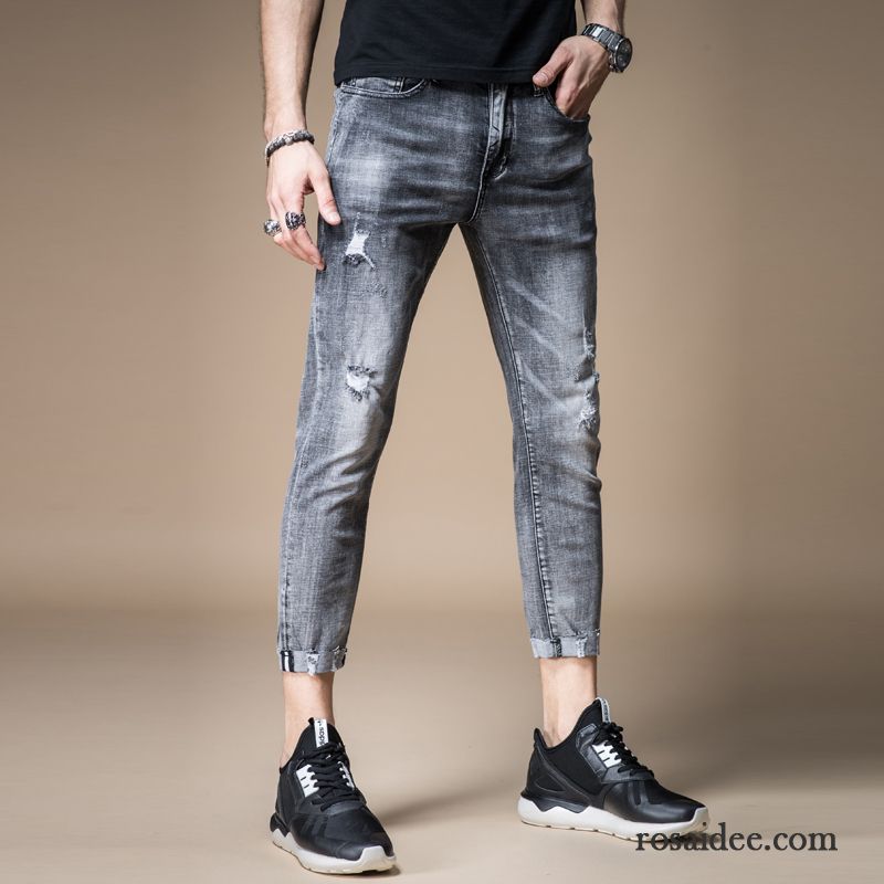 Herren Mode Jeans Hose Jeans Trend Neunte Hose Stickerei Grau Rand Schmales Bein Dünn Elastisch Herren Löcher Sommer Freizeit Sale