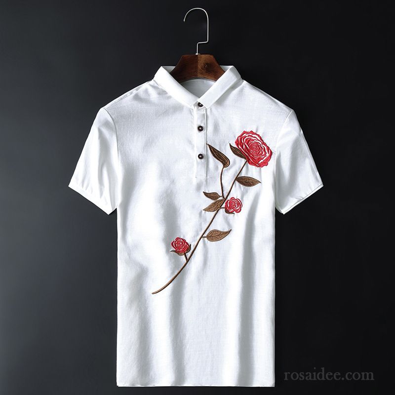 Herren T Shirt Weiß Mode Herren Chinesischer Stil Schlank Revers Blume Rose Dünn Stickerei Günstig