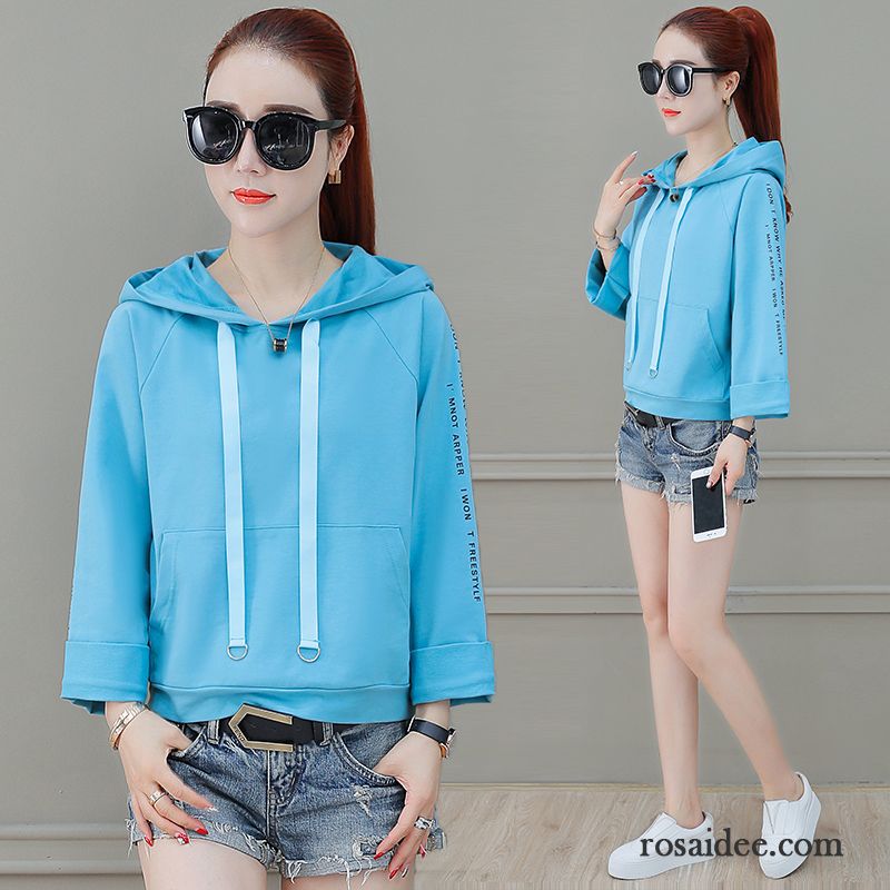 Hoodie Damen Lange Ärmel Hoodies Kurzer Absatz Überzieher Trend Herbst Blau