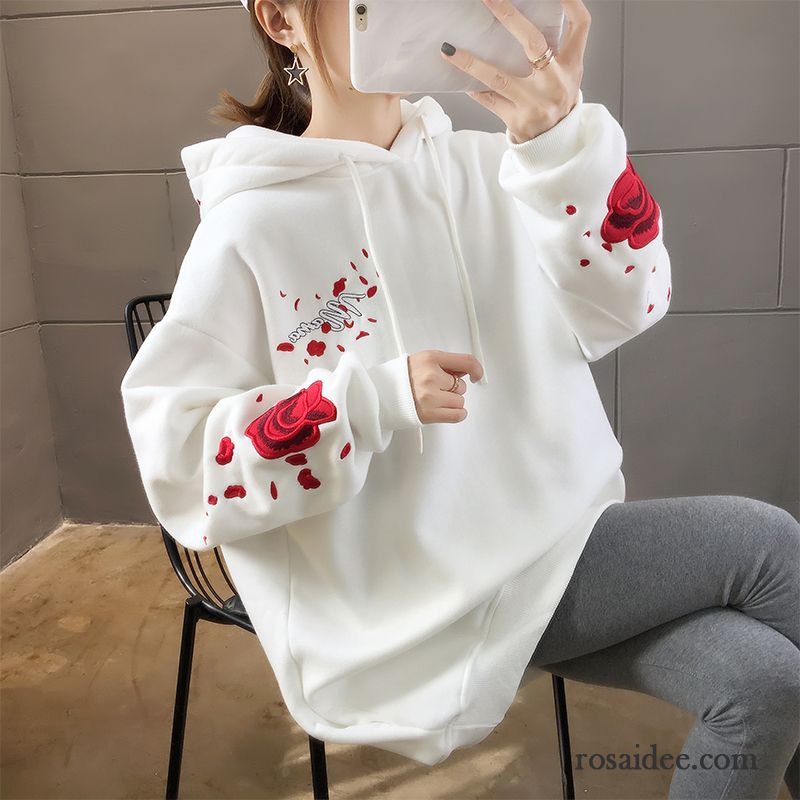 Hoodie Damen Plus Samt Überzieher Trend Hoodies Lose Mit Kapuze Weiß