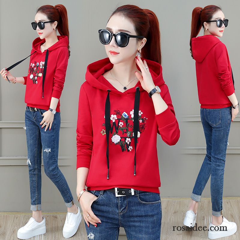 Hoodie Damen Trend Feder Blume Kurzer Absatz Mit Kapuze Mantel Rot