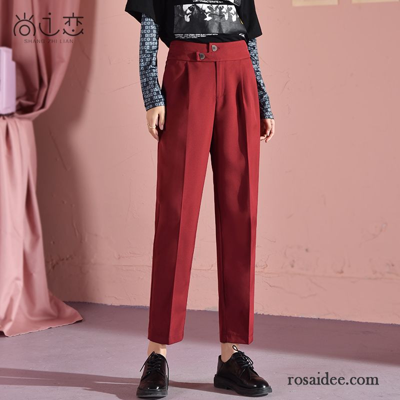 Hosen Damen Gerade Neu Neunte Hose Freizeit Lose Hohe Taille Rot