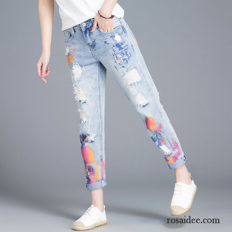 Jeans Damen Freizeit Drucken Hose Lose Löcher Harlan Hellblau