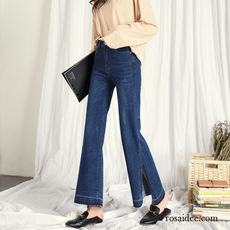 Jeans Damen Gerade Hohe Taille Dünn Feder Lose Neu Blau