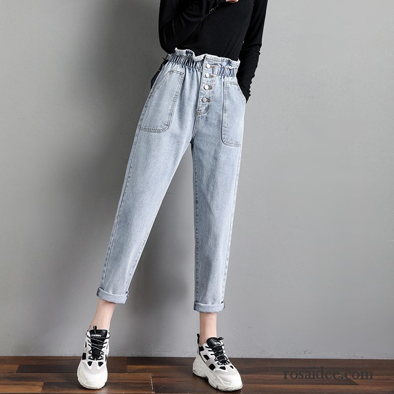 Jeans Damen Hohe Taille Mode Spitze Harlan Hose Dünn Blau