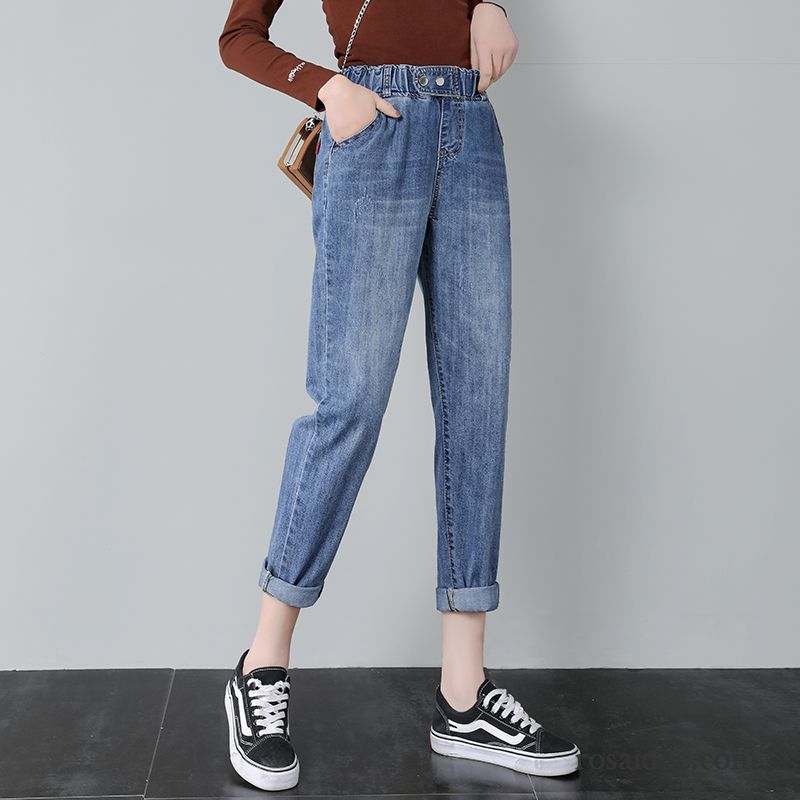 Jeans Damen Lose Hohe Taille Harlan Löcher Sommer Dünn Blau