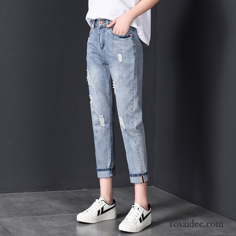 Jeans Damen Lose Hose Hohe Taille Trend Feder Neunte Hose Hellblau