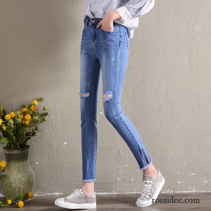 Jeans Damen Neu Bleistift Hose Feder Hohe Taille Löcher Allgleiches Blau