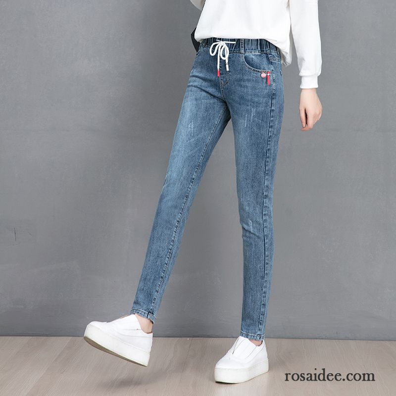 Jeans Damen Neunte Hose Lose Schüler Elastisch Schmales Bein Freizeit Blau