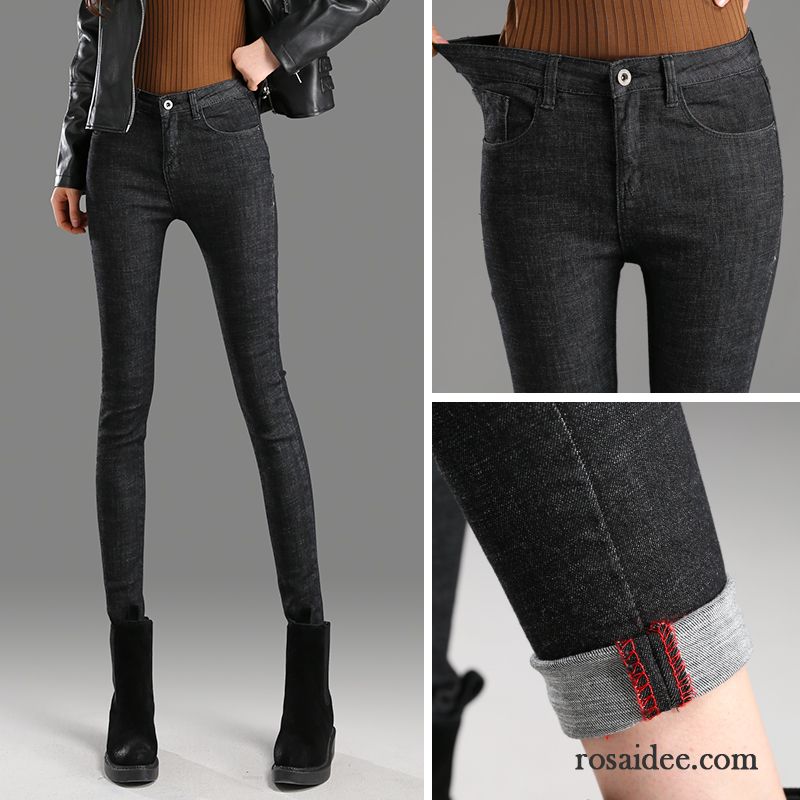 Jeans Damen Strumpfhose Plus Samt Dünn Feder Hohe Taille Neu Schwarz