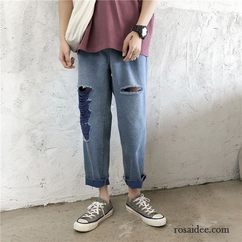 Jeans Herren Allgleiches Hose Gerade Neunte Hose Löcher Trend Blau