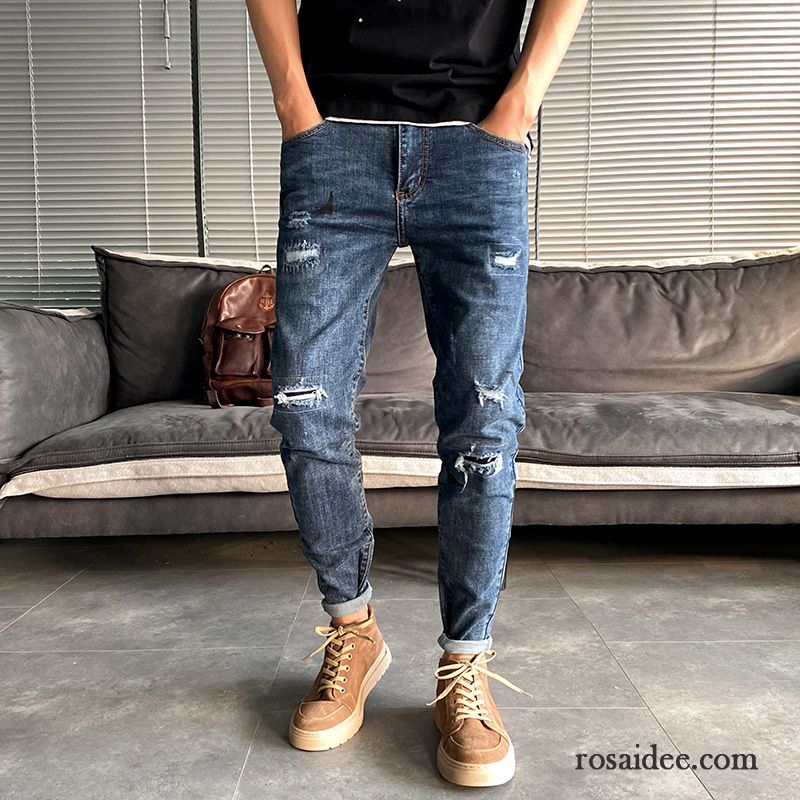 Jeans Herren Dünn Lange Trend Löcher Schlank Allgleiches Dunkelblau