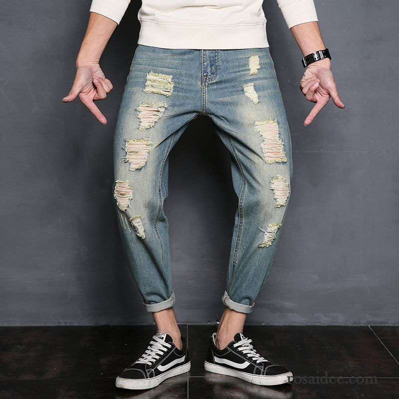 Jeans Herren Freizeit Dünn Löcher Harlan Feder Hose Blau