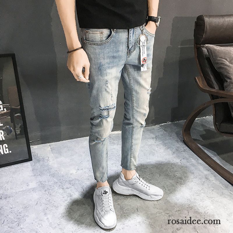 Jeans Herren Hose Trend Löcher Schlank Neunte Hose Freizeit Hellblau