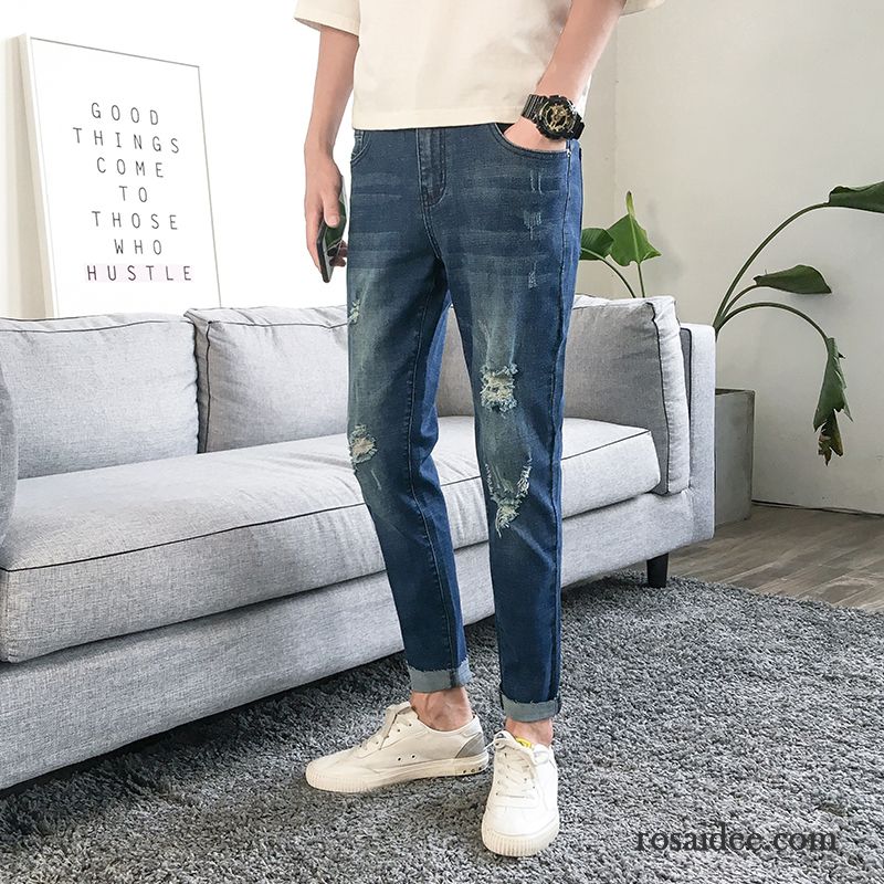 Jeans Herren Neue Trend Dünn Löcher Schlank Sommer Blau