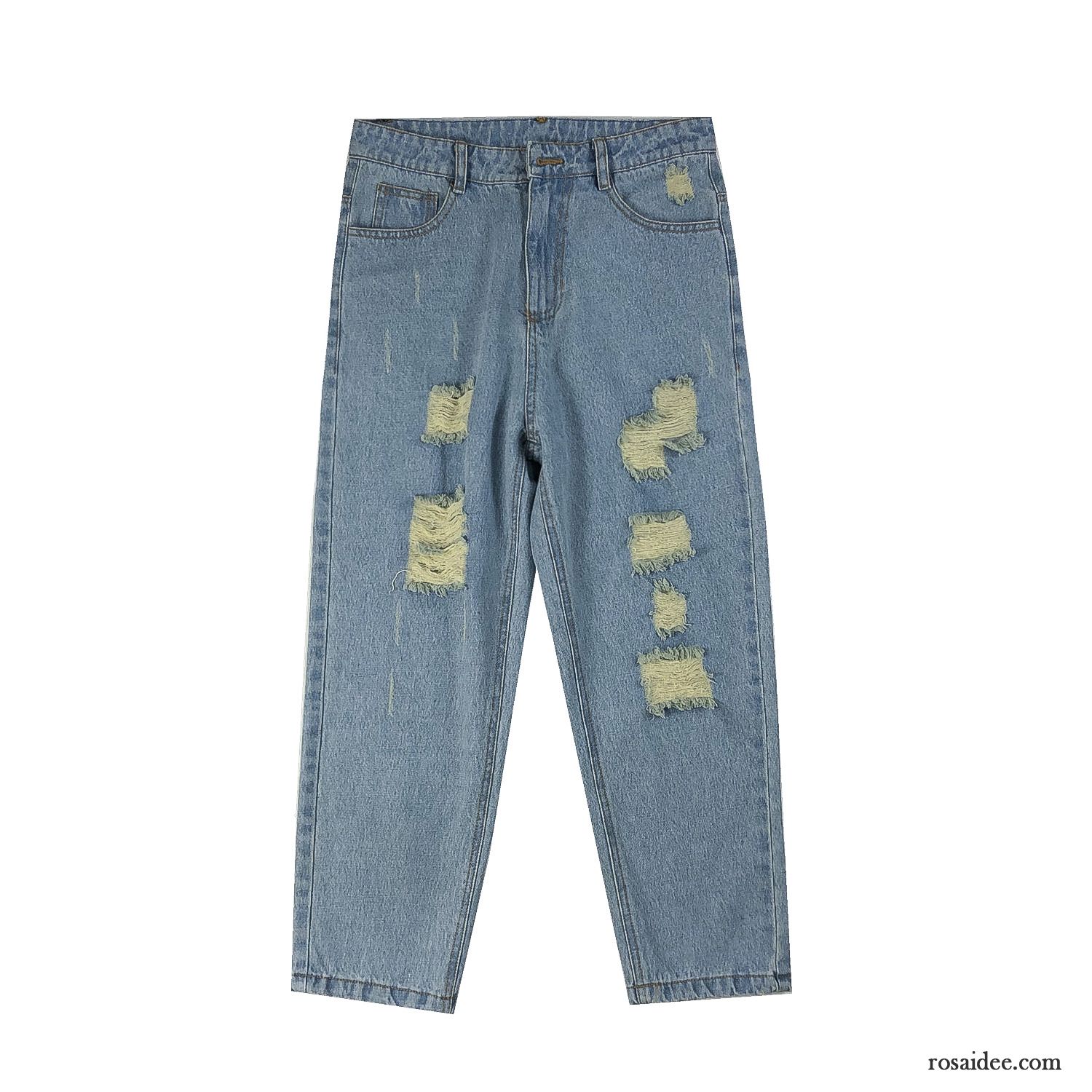 Jeans Herren Neunte Hose Trend Lose Sommer Löcher Gerade Blau