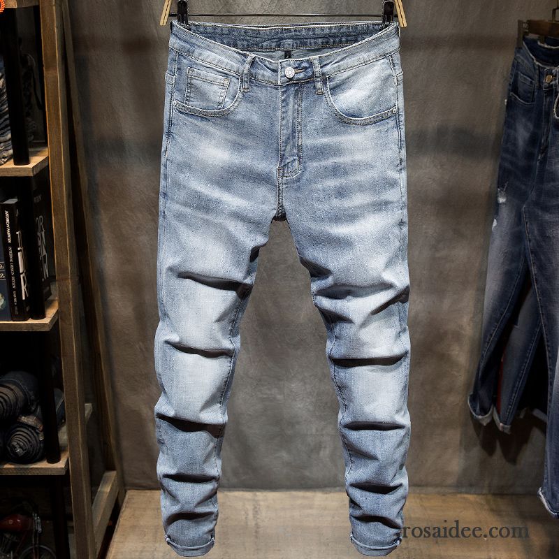 Jeans Herren Schlank Neu Löcher Schmales Bein Trend Feder Blau Hell