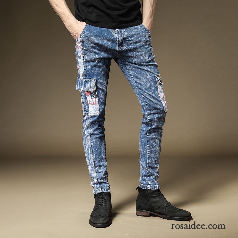 Jeans Herren Schmales Bein Trend Schlank Blume Hose Spleißen Blau