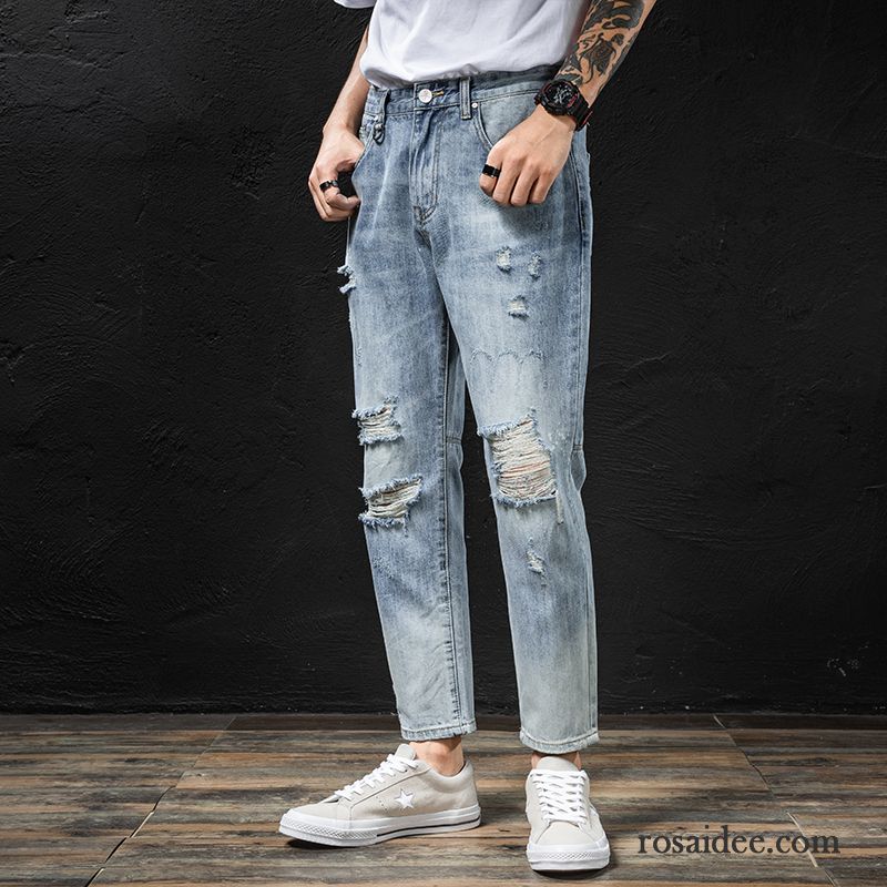 Jeans Herren Trend Löcher Neunte Hose Allgleiches Dünn Gerade Blau Hell