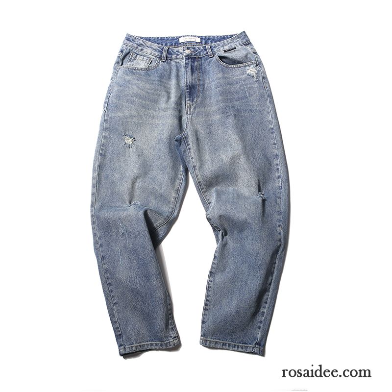 Jeans Herren Waschen Retro Weites Bein Gerade Lose Löcher Blau