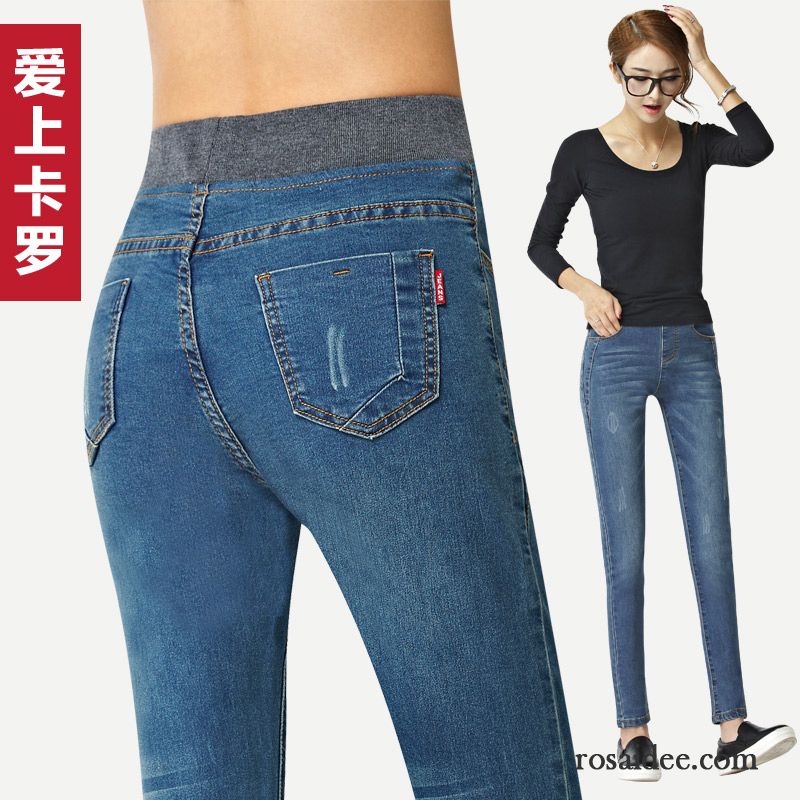 Jeans Weißen Nähten Jeans Bleistift Hose Elastisch Feder Dünn Große Größe Damen Schlank