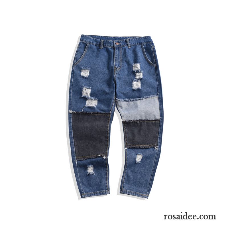 Jeans Relaxed Fit Herren Löcher Gerade Patch Große Größe Herren Spleißen Blau Trend Jeans Fett Neunte Hose Lose Günstig