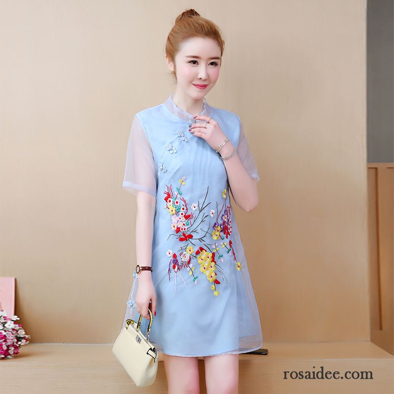 Kleider Damen Cheongsam Neu Baumwolle Temperament Sommer Blau