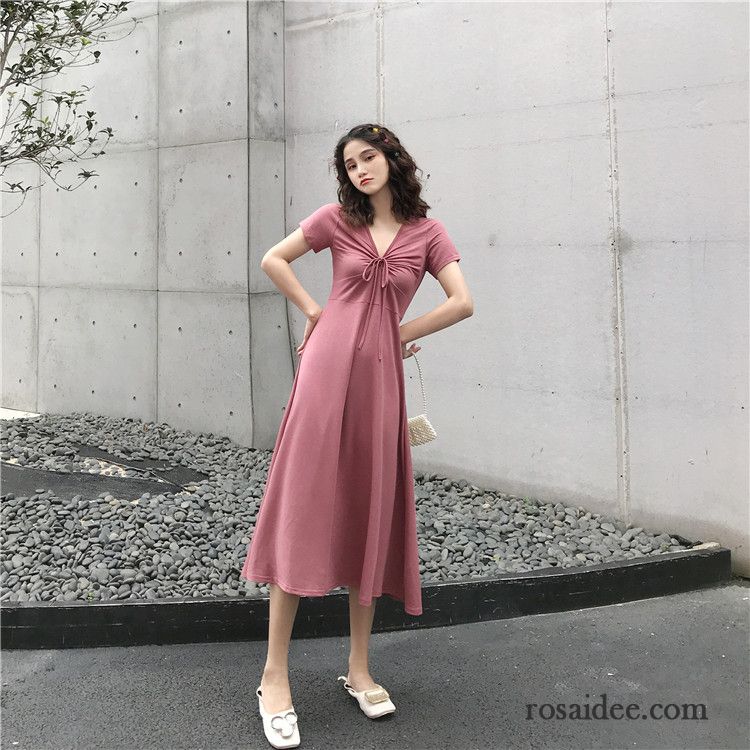 Kleider Damen Entwurf Leder Bogen Sexy Sommer V-ausschnitt Rosa Schwarz